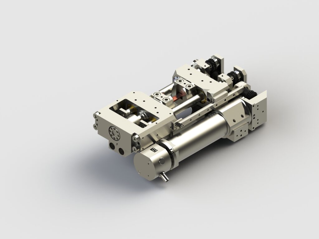 Ein mechanisches Gerät mit einer zylindrischen Metallkomponente, die an einer komplexen Anordnung miteinander verbundener Teile, darunter Zahnräder und strukturierte Metallplatten, befestigt ist, enthält ein Zug- und Druckmodul. Vor einem schlichten Hintergrund sieht das Gerät wie eine industrielle oder Roboterkomponente aus.